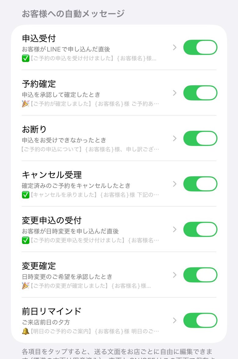 「LINE通知の文面」。項目ごとに、送る・送らないを切り替えます。