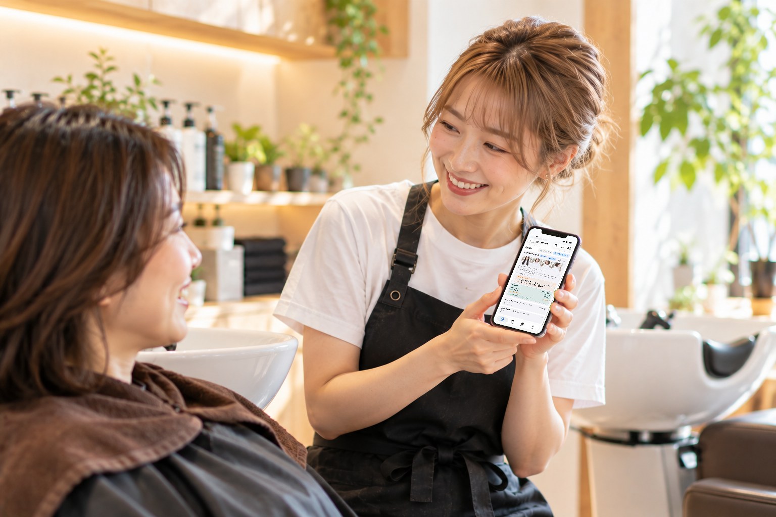 シャンプー台のそばで、アシスタントが iPhone でお客様のカルテにメモを書き込んでいる様子