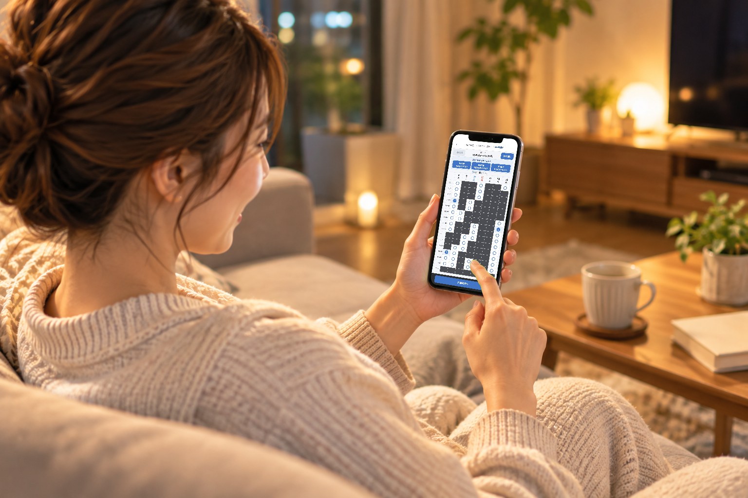 夜、自宅のソファでくつろぎながら iPhone で予約を申し込む女性