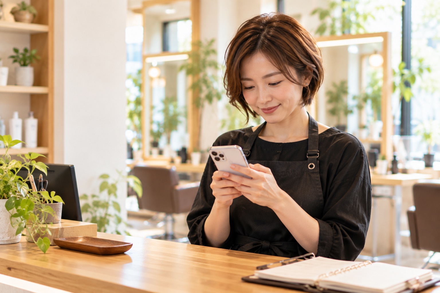 美容室の受付で、スタイリストが iPhone からお客様へ候補の日時を送っている様子