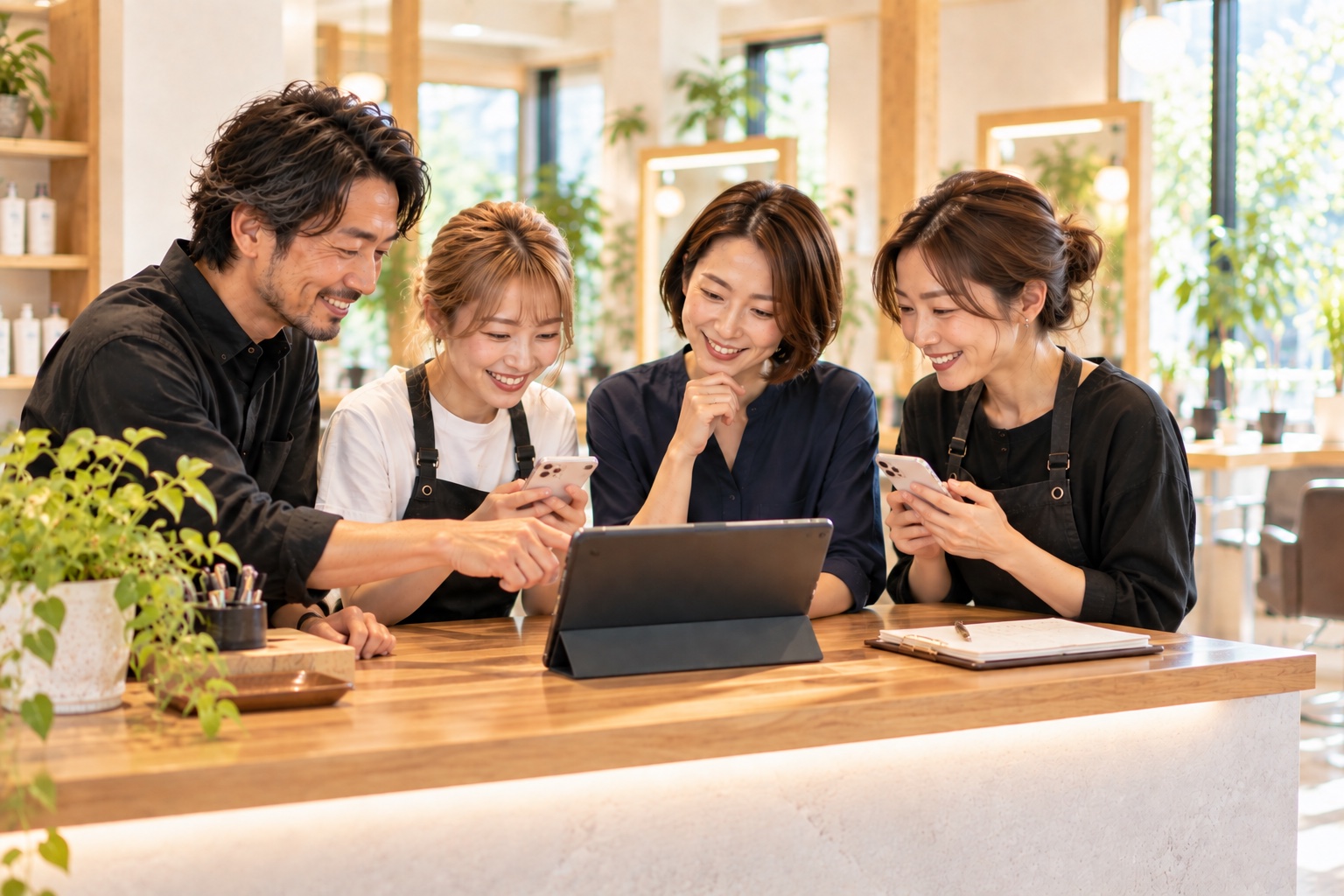 美容室の受付で、スタイリスト・アシスタント・受付のスタッフが同じ画面を見ながらお客様をお迎えする様子