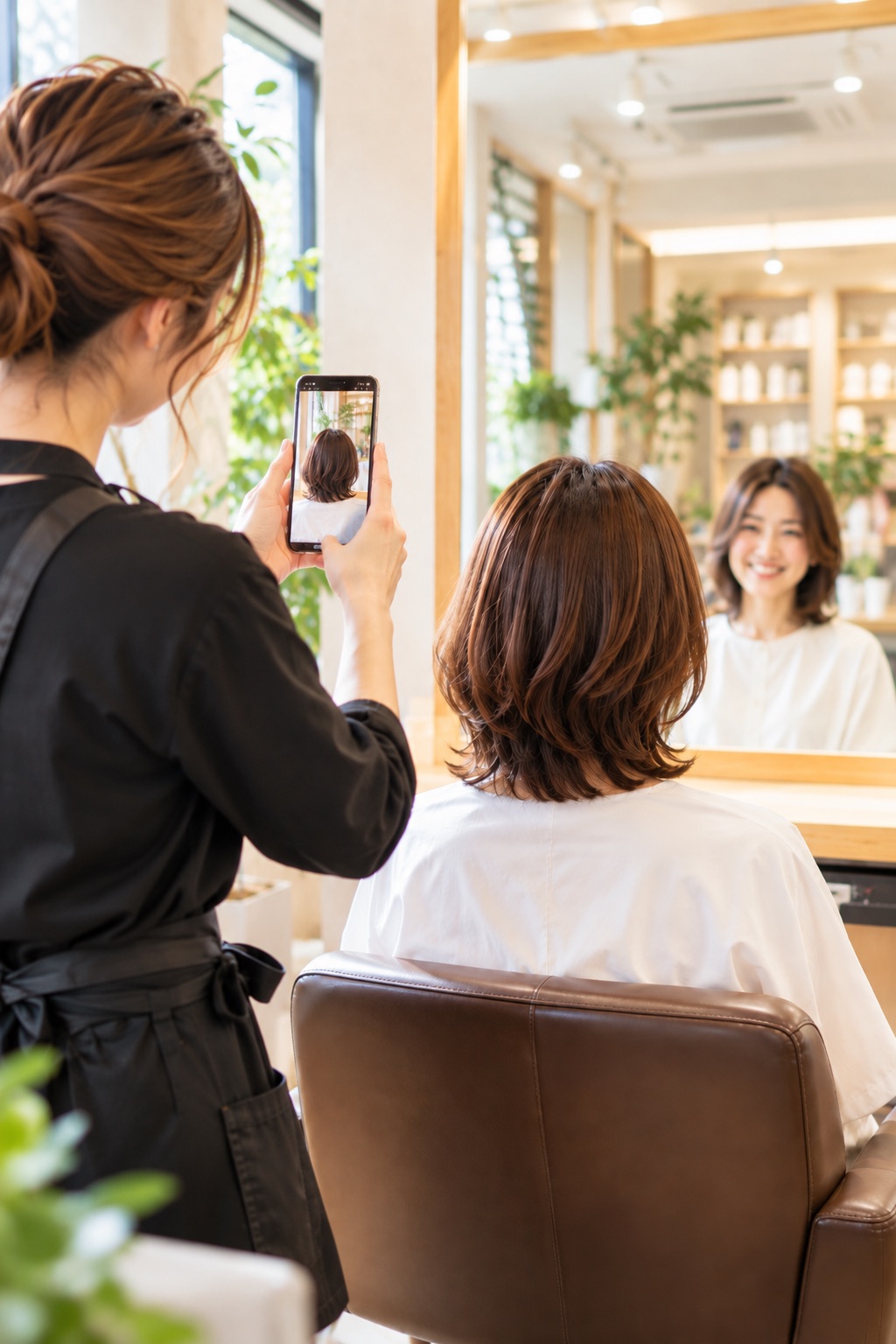 スタイリストが仕上がりの髪型を iPhone で撮影している様子